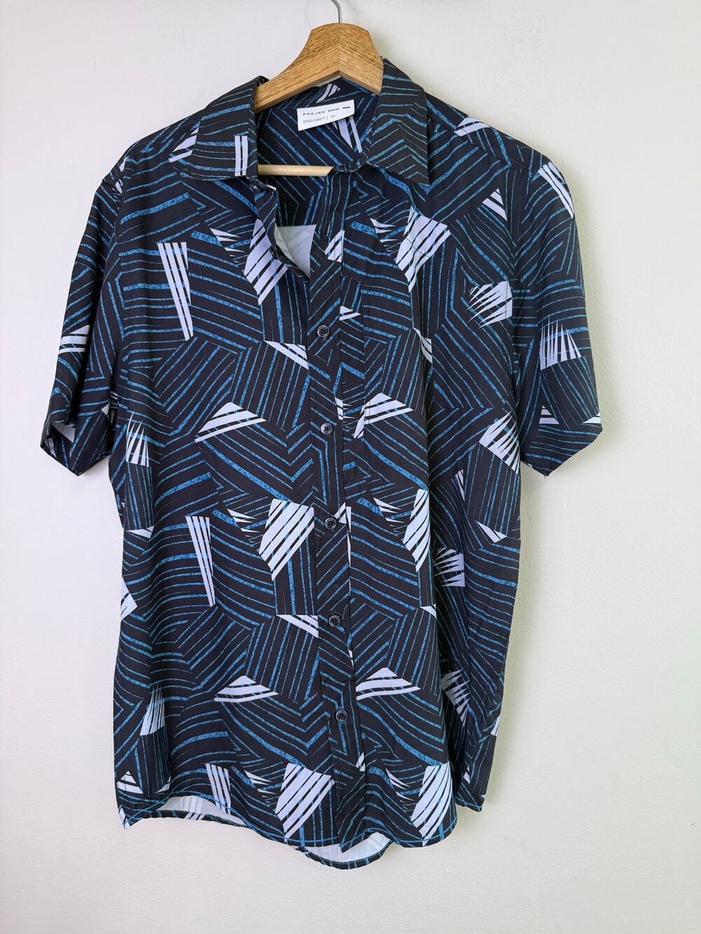 Projek Raw Mens Button Front Shirt Blue Black Geometric Print Short Sleeve M